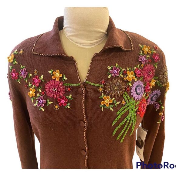 NWT Embroidered Cardigan by Just B Sz. M Cotton Blend Chocolate Brown - Picture 2 of 9